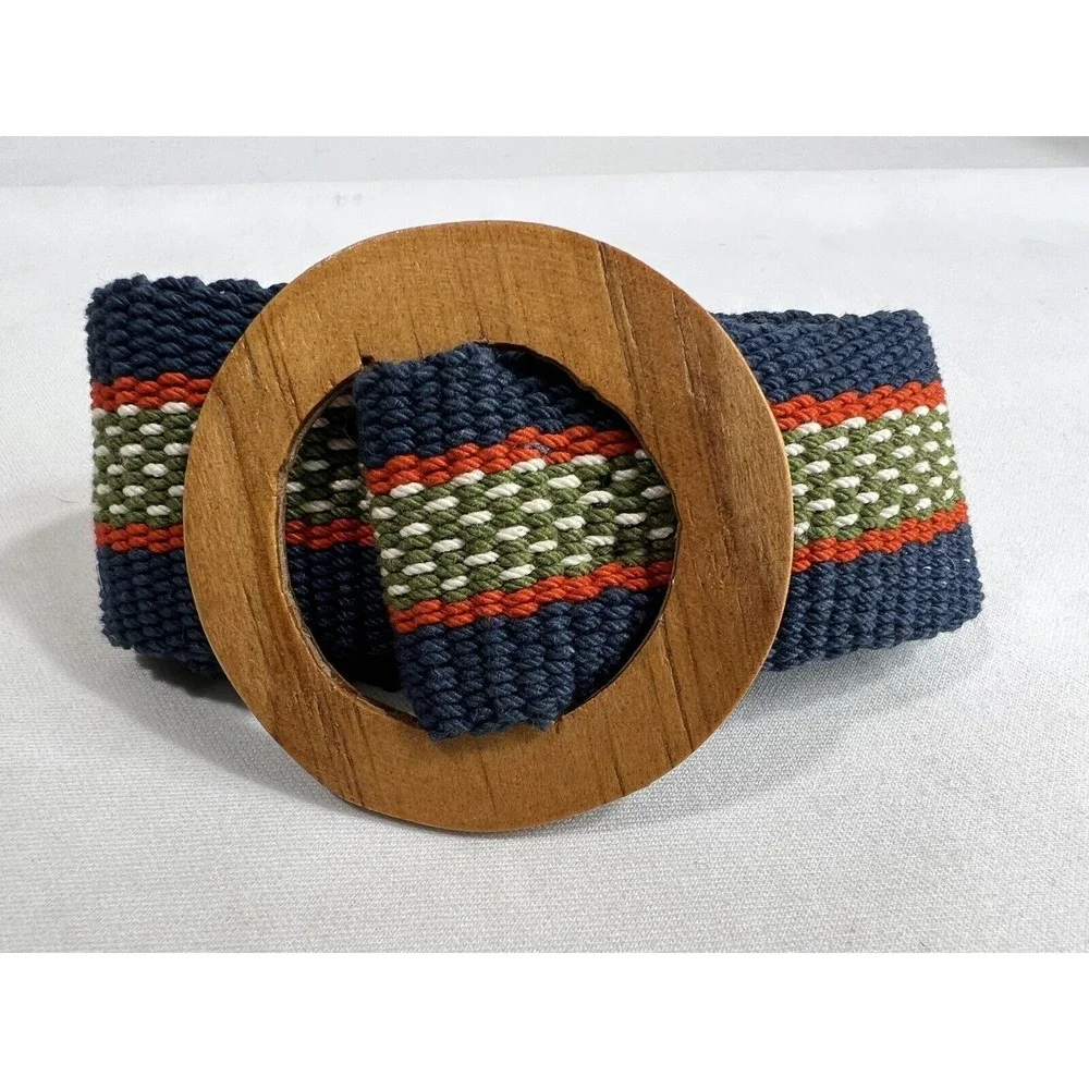 Vintage Wide Canvas Belt Women's Petite Woven Blue Green Red Wooden Buckle‎